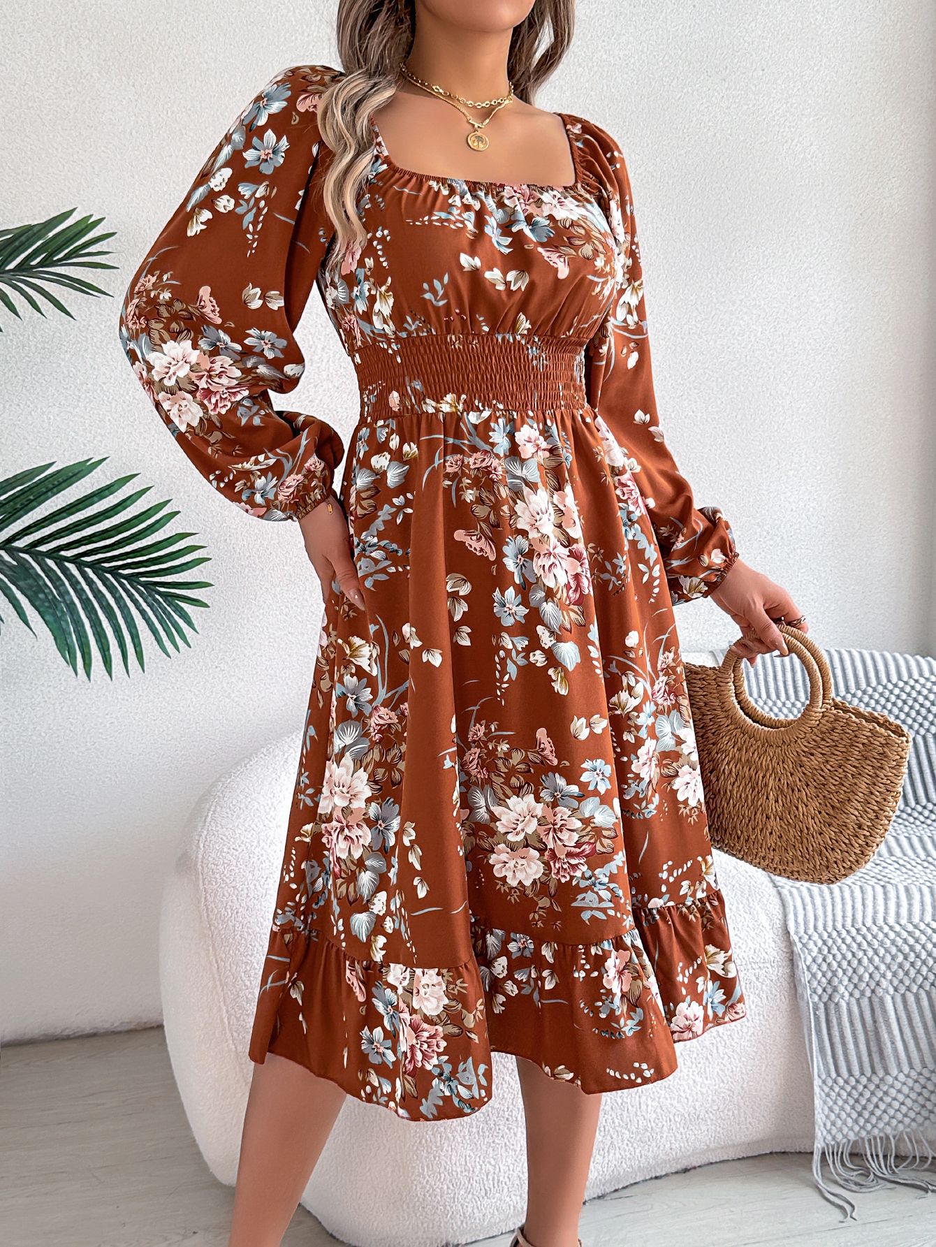 Elegant Flowers Square Collar Long Sleeve Waist Trimming Ruffles A- Line Skirt
