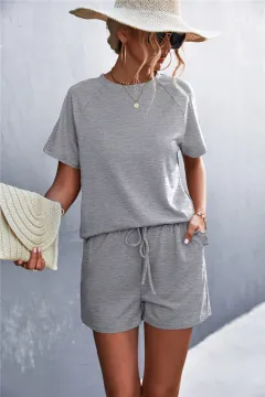 Spring And Summer New Product Best-selling Solid Colour Round Neck Ruffled Short Sleeves Shorts Casual Suit - Light Grey - View 1