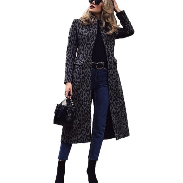 Coat Mid length Black With A Turn down Collar Leopard Print Top Black Leopard Print - Shop at LoveMi