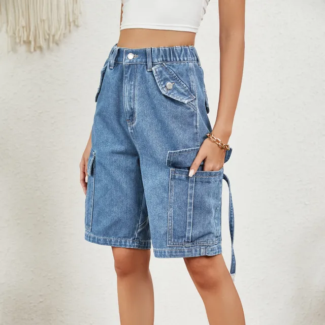 Washed Personalized Denim Cargo Pants Shorts Blue - Shop at LoveMi