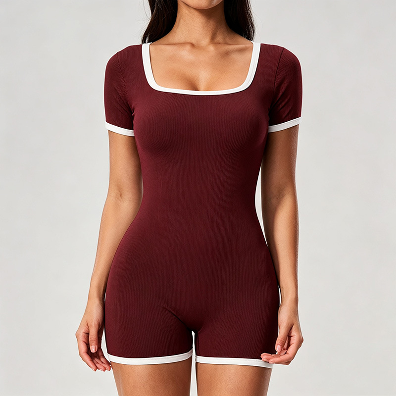 Mock Two-piece Color-block Strap Sports Jumpsuit Womens Backless Outdoor Fitness Bodysuit
