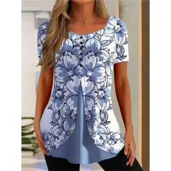 Women's Floral Print Round Neck False Two Pieces Button Short Sleeve T-shirt - 03Style - View 1