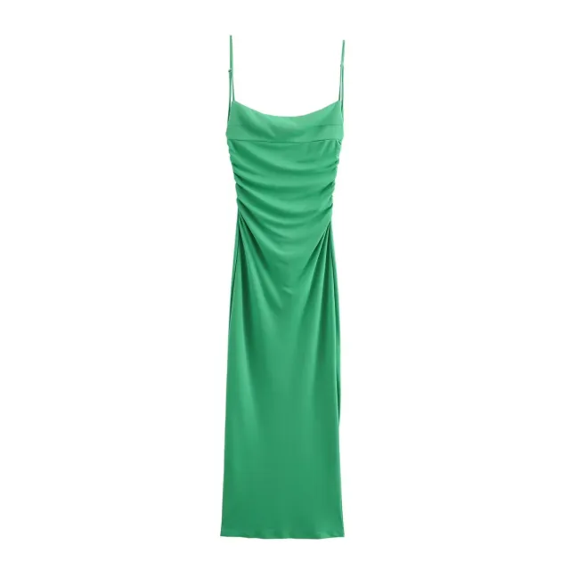 Slim Sexy Pleated Dress With Thin Spaghetti Straps And Backless Design Green - Shop at LoveMi
