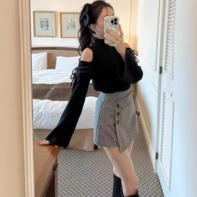 Lace up Turtleneck Off the shoulder Tie neck Flared Sleeves Sweater Black - Shop at LoveMi