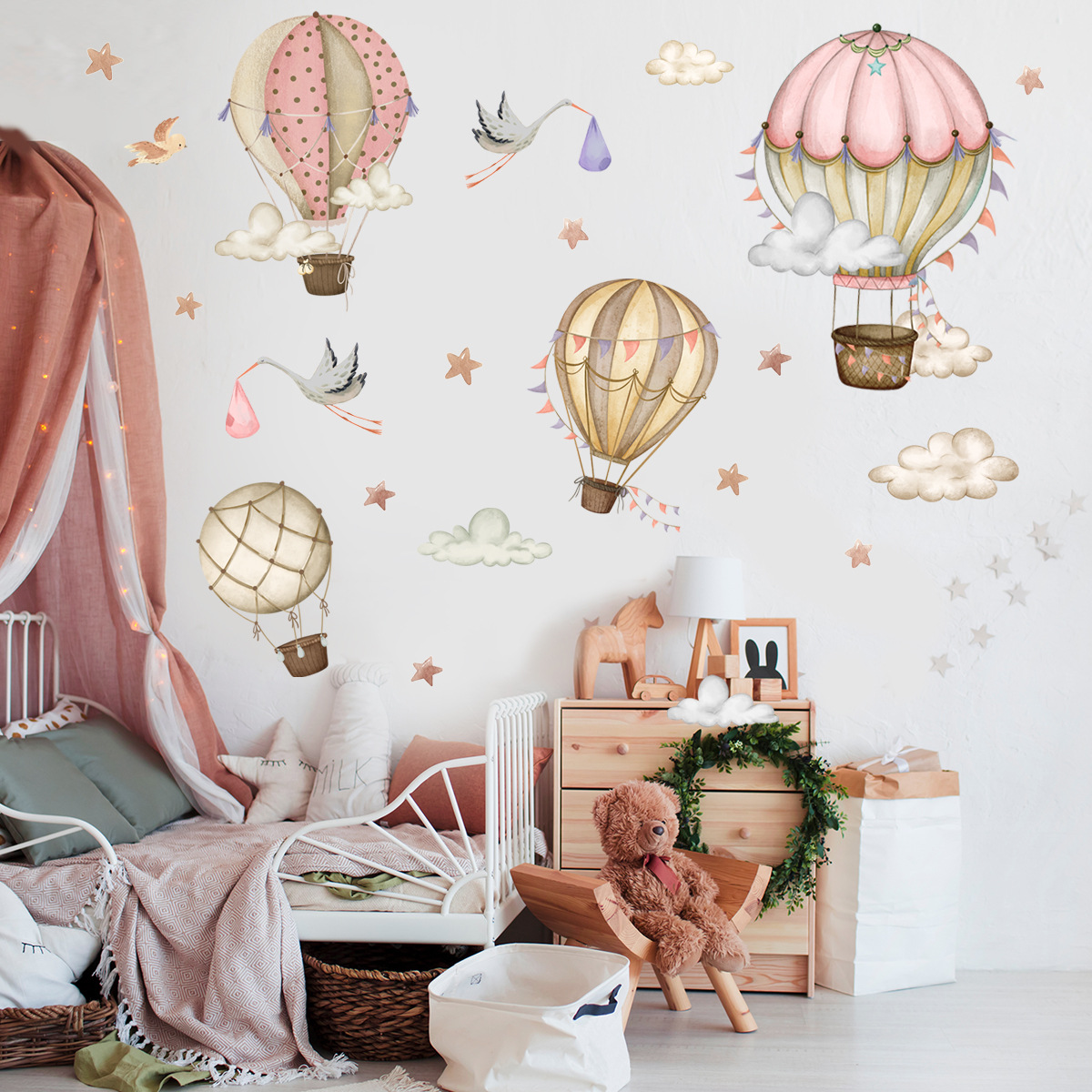 Title 3, Cartoon Hot Air Balloon Clouds Wall Sticker Bac...