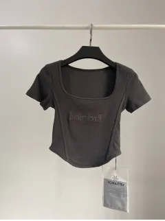Short High Waist Crop Top Women's Summer Sexy Tight Curved Hem Short Sleeve T-shirt - Gray - View 1