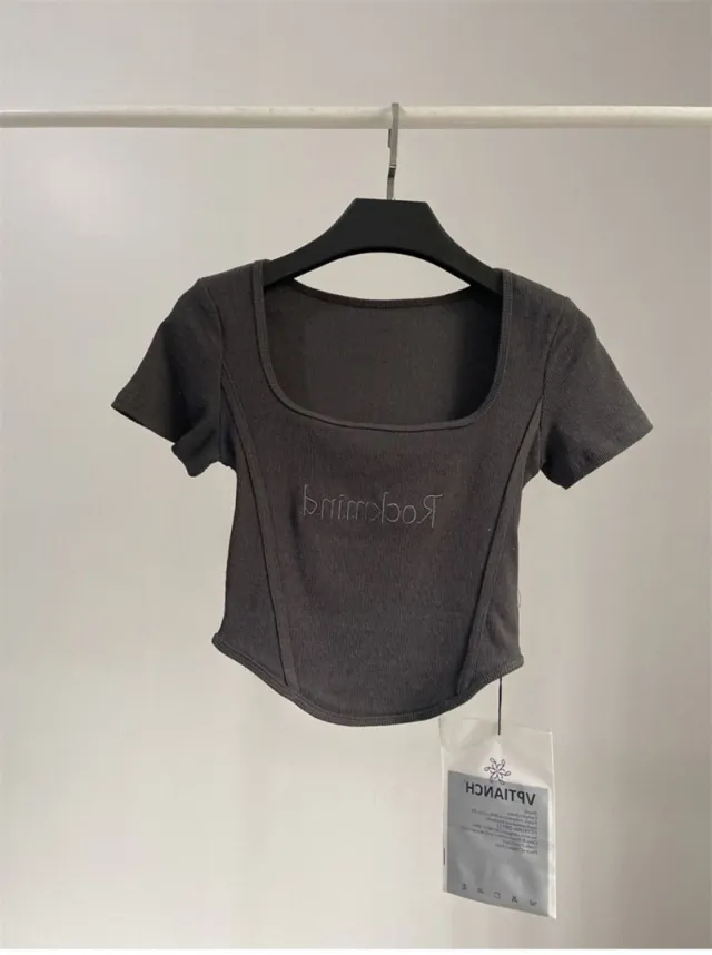 Short High Waist Crop Top Women's Summer Sexy Tight Curved Hem Short Sleeve T shirt Gray - Shop at LoveMi