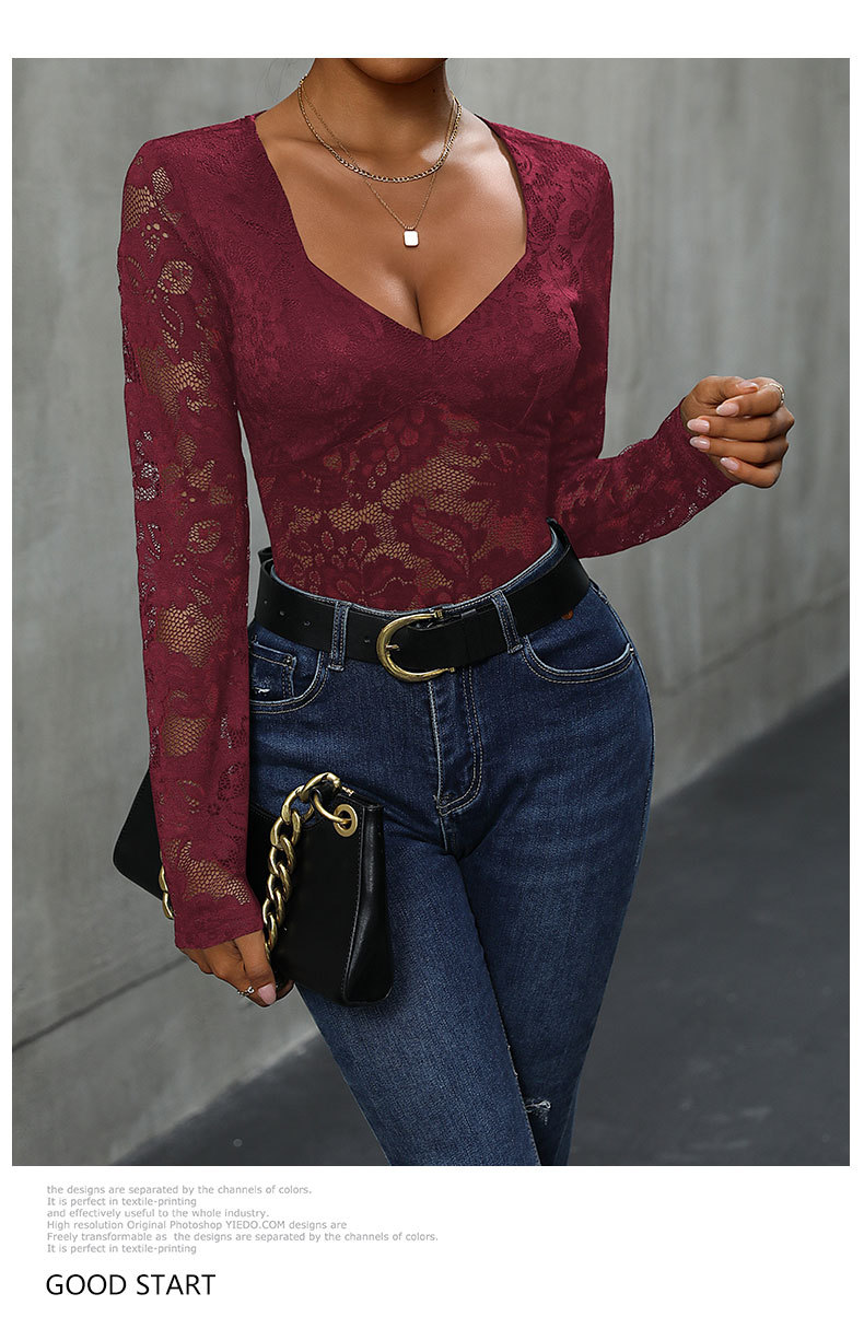 Women’s Lace Long Sleeve Bodysuit – Deep V Neck Solid Top