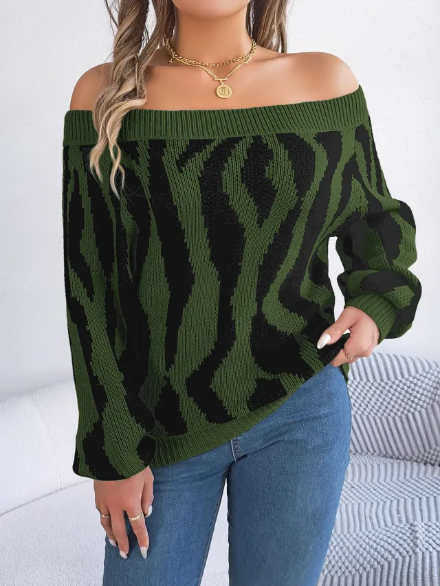 Off neck Off the shoulder Lantern Sleeve Sweater Green - Shop at LoveMi