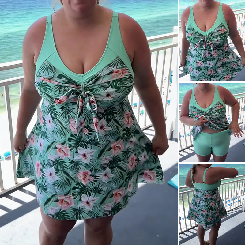 Printed Skirt-style Plus-size Boxer-cut Two-piece Bikini