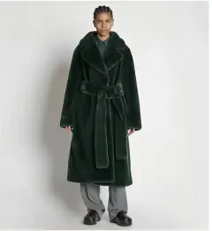 Artificial Fur Coat Suit Collar Cotton Coat Thickened Long Section Plush Trench Coat - Dark Green - View 1