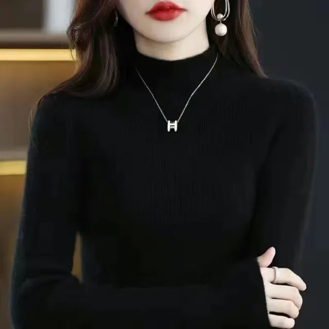 New Slim fit Figure flattering Sweater With A Half high Neckline Black - Shop at LoveMi