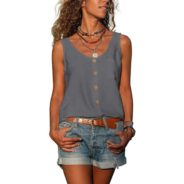 Summer Women's Solid Color And V neck Button Vest Shirt Gray - Shop at LoveMi