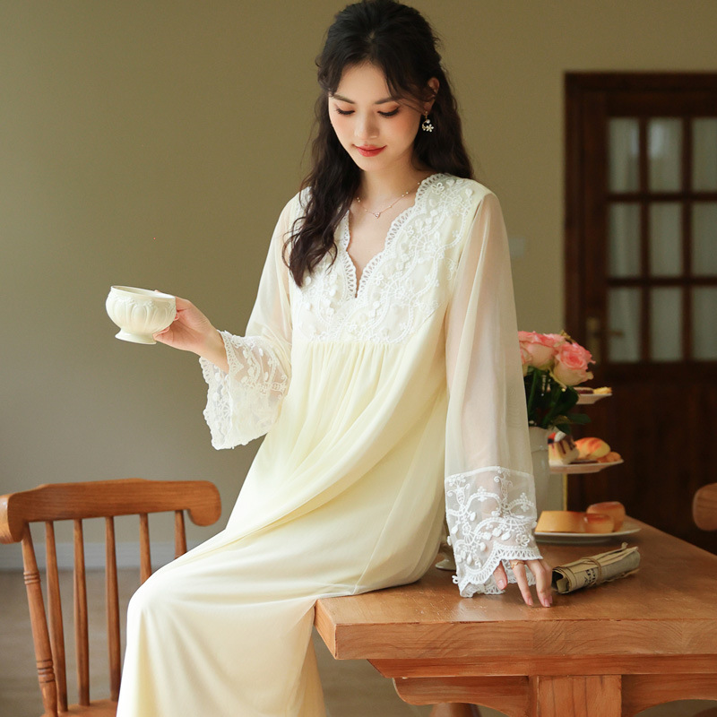 Womens Long sleeve Mesh Spring French style Dress With Embroidered Lace Apricot - Shop at LoveMi