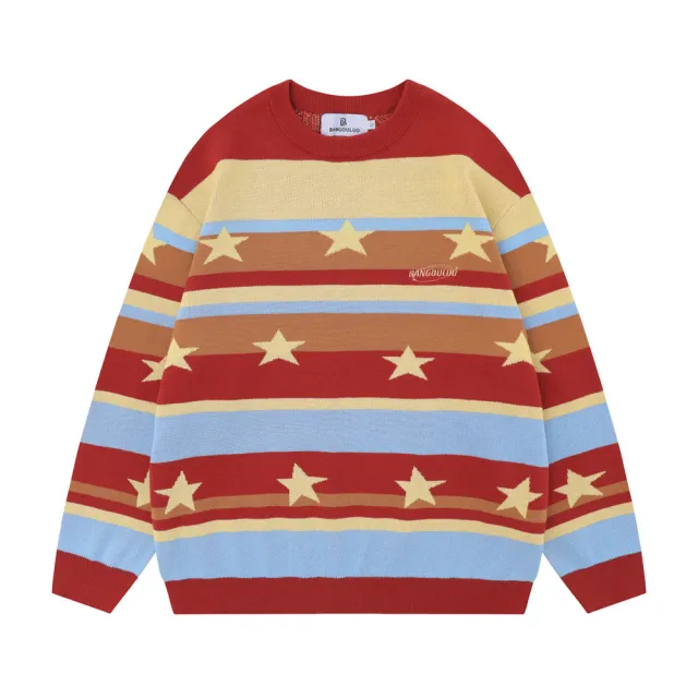 Contrast Color Striped Full Printed Five pointed Star Round Neck Sweater For Women Red - Shop at LoveMi