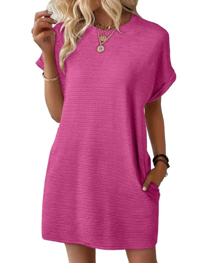 Summer New Loose Round Neck Pocket Solid Color Short Sleeve Dress Women Rose Red - Shop at LoveMi