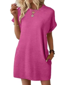 Summer New Loose Round Neck Pocket Solid Colour Short Sleeve Dress Women - Rose Red - View 1
