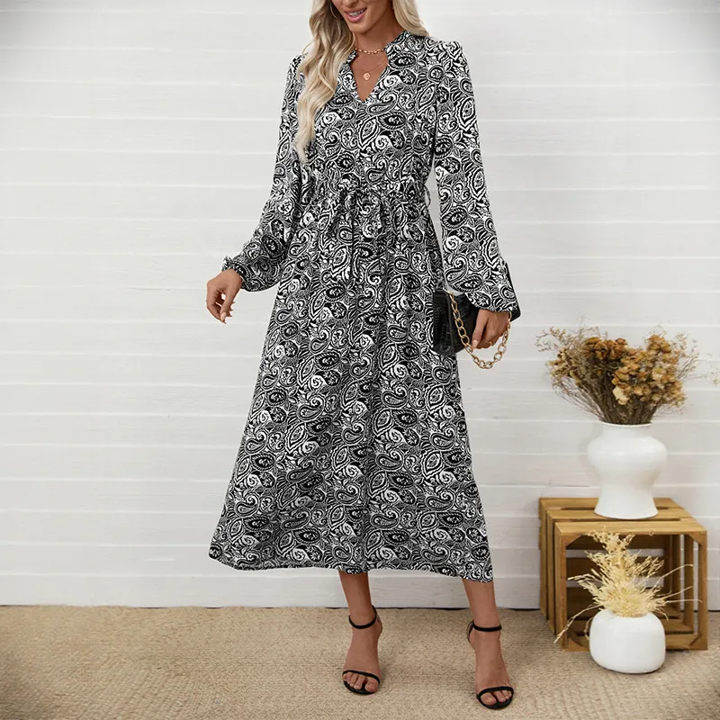 Ethnic Printed Elegant V-neck Long-sleeve Dress - Black