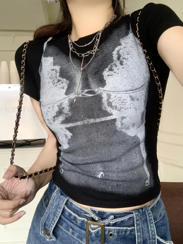 American Retro Women's Summer Chic Print Design Niche Short Top Black - Shop at LoveMi