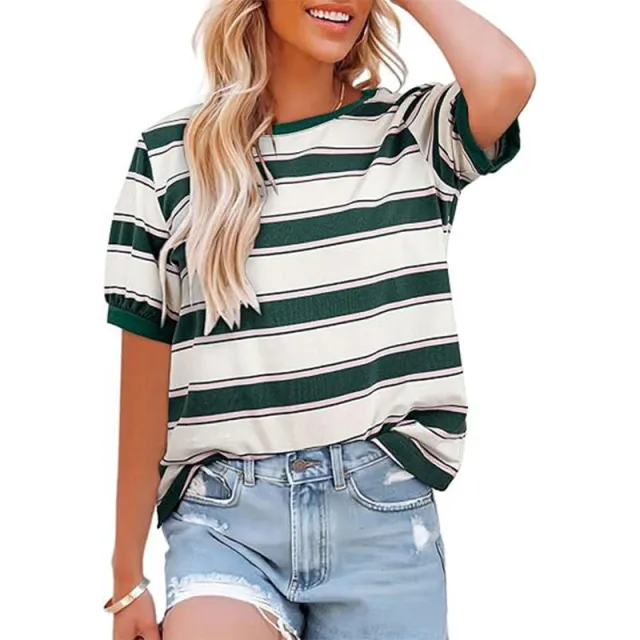 Women's Round Neck Colored Mosaic Large Striped Loose All matching Shirt Green - Shop at LoveMi