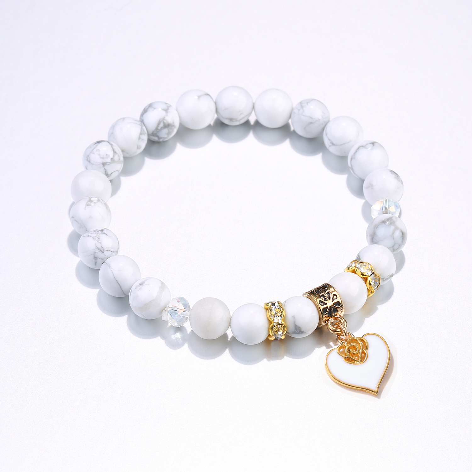 Title 5, White Turquoise Heart Pendant Beaded Bracelet