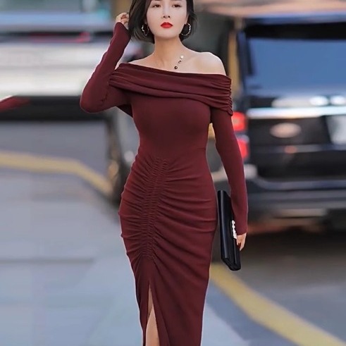 Retro Red Knitted Dress French Style Off-shoulder
