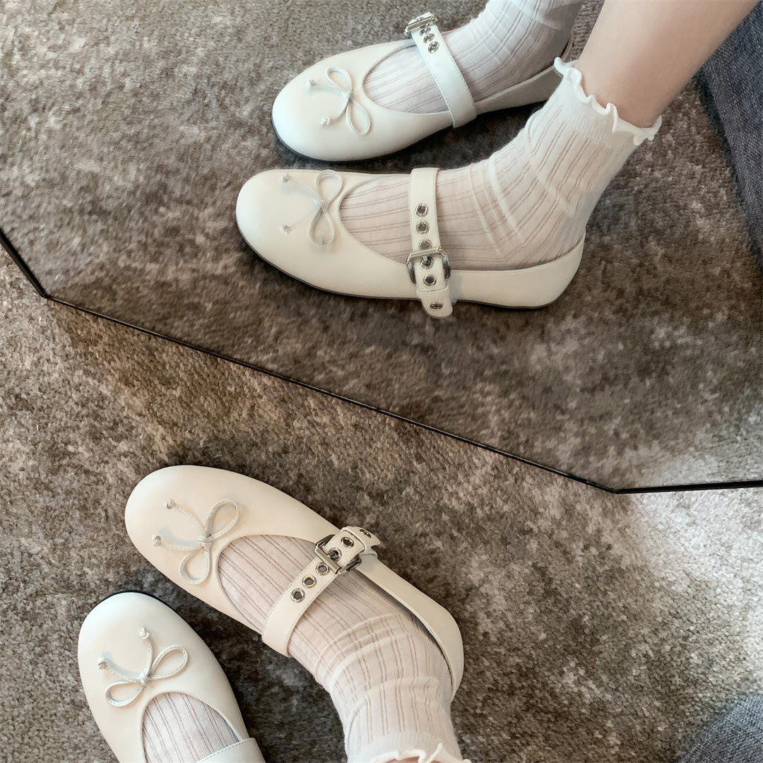 Bow-tied Lambskin Flat Ballet Shoes For Women