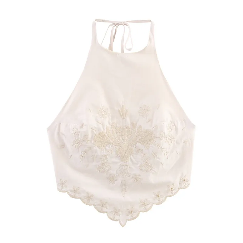 European And American Style Stylish Simple And Versatile Embroidered Poplin Top - Beige