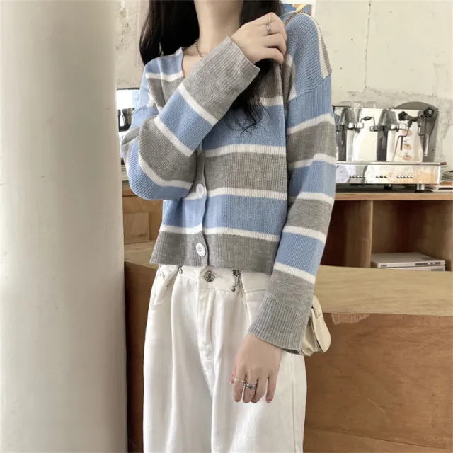 French Style Vintage Stripe Knitted Cardigan Outer Wear Short Sweater For Women Blue - Shop at LoveMi