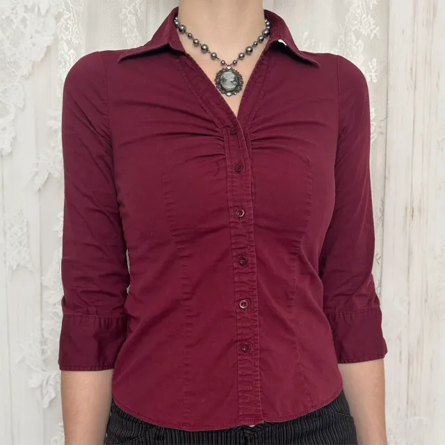 Solid Color Buttons Long Sleeve Shirt For Women Wine Red - Shop at LoveMi