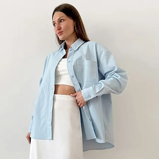 Women's Elegant Simple Solid Color Loose Fit Blouse Blue - Shop at LoveMi