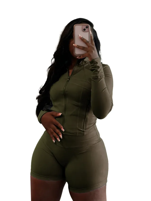 European And American Sports And Leisure Sexy Tight Long Sleeve Shorts Two piece Set Olive - Shop at LoveMi