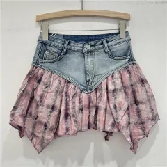Heavy Industry Stitching Plaid Contrast Colour Design Washed Stretch Denim Skirt - Pink - View 1
