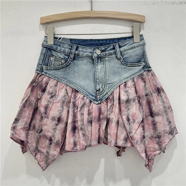 Heavy Industry Stitching Plaid Contrast Color Design Washed Stretch Denim Skirt Pink - Shop at LoveMi