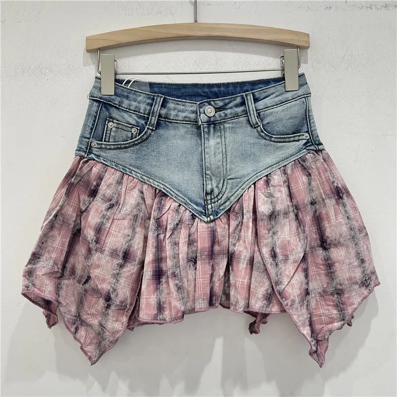 Heavy Industry Stitching Plaid Contrast Colour Design Washed Stretch Denim Skirt - Pink