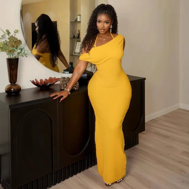 Fashion Sexy Slant Neck Backless Dress Women Yellow - Shop at LoveMi