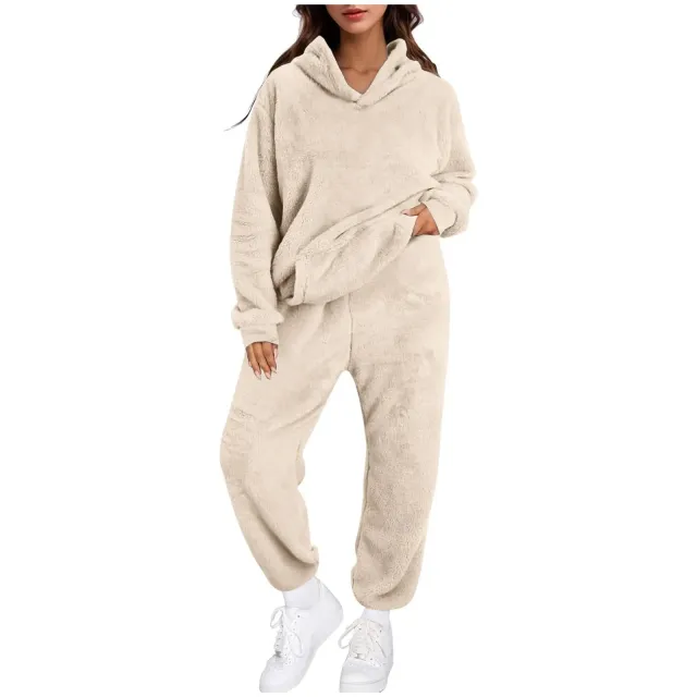 Women's Casual Solid Color Fleece Hooded Long Sleeve Top And Pants Set Apricot - Shop at LoveMi