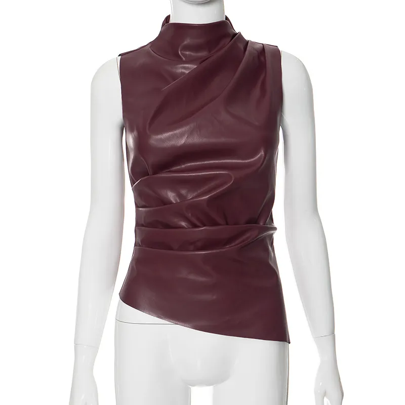 Women's Leather Cascading Collar Waist Slant Short Sleeve - Wine