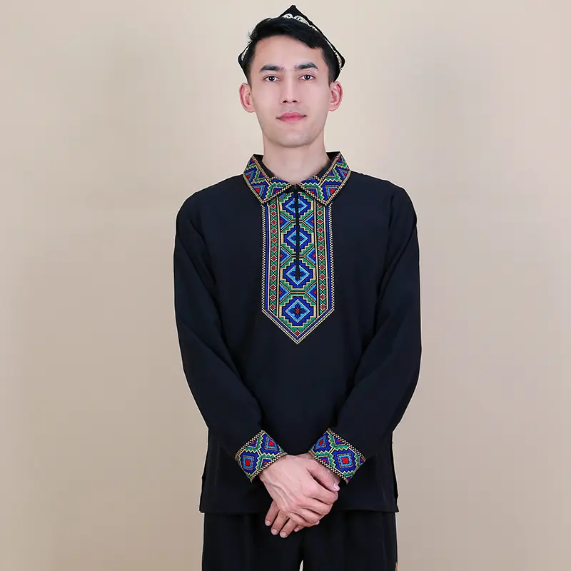 Uyghur-style White Long-sleeved Lapel T-shirt