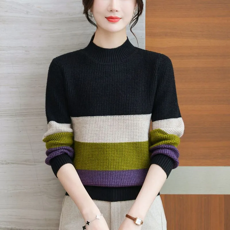 Women's Half Turtleneck Mixed Color Stripe Sweater Pullover - Black
