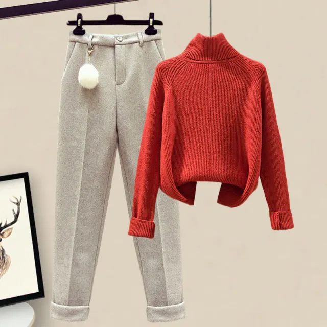 Women's Casual Sweater Haren Pants And Velvet Cotton Suit Set Red Sweater Apricot Pants - Shop at LoveMi