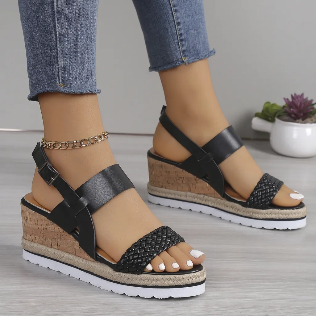 Ankle-strap Sandals Women's Casual Shoes Open Toe Wedge Plus Size - Black
