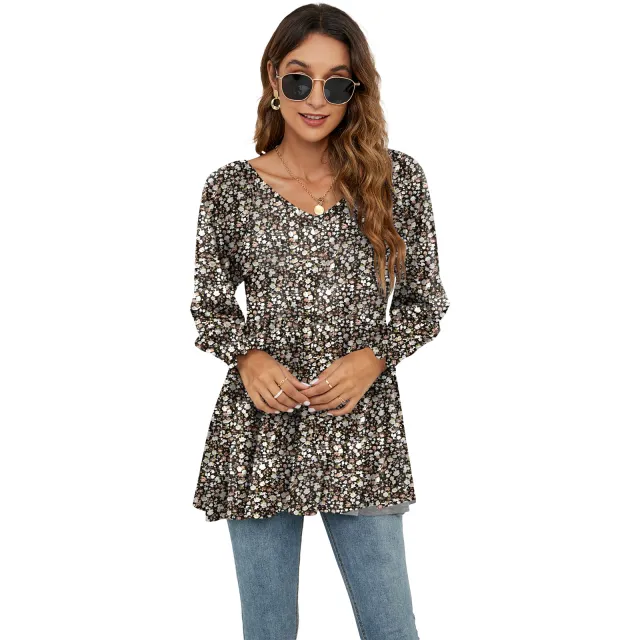 Women's Fashion Casual Printing Bubble Long Sleeve Waist Top No 2 Flower - Shop at LoveMi