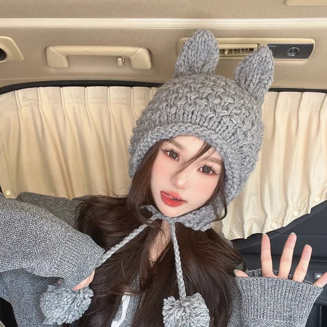 Thermal Knitting Cute Rabbit Ear Hat Gray - Shop at LoveMi