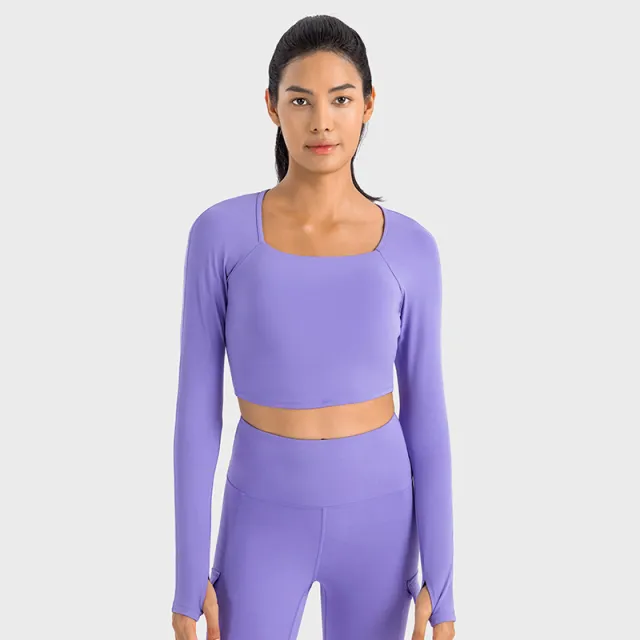 Mesh Stitching Breathable Slim Yoga Long Sleeve Platycodon Grandiflorum Purple - Shop at LoveMi