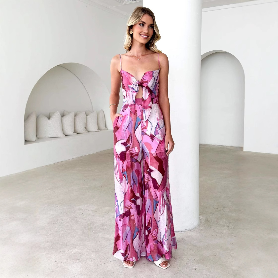 Printing Shoulder Girdle Hollow Out Tied Jumpsuit