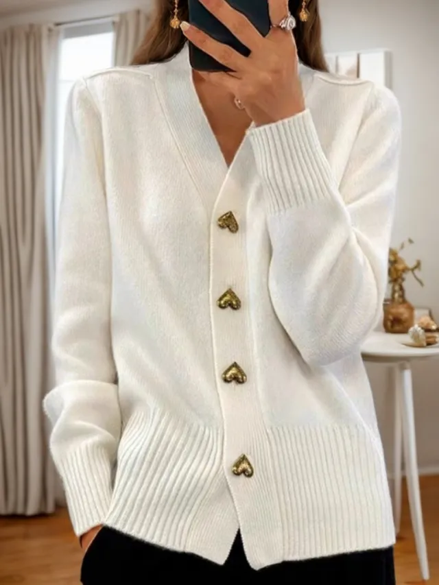 V neck Knitted Sweater With Love Button Fashion Solid Long sleeved Cardigan Spring And Autumn Women's Clothing White - Shop at LoveMi