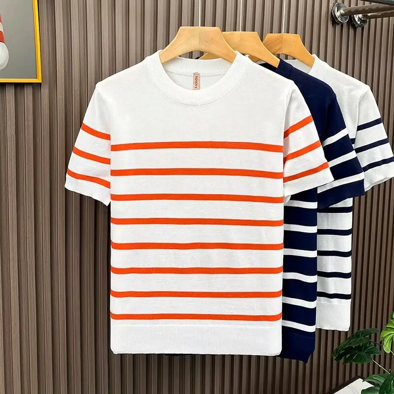 Lightly Mature-Style Crew-Neck Patchwork Striped Short-Sleeve T-Shirt