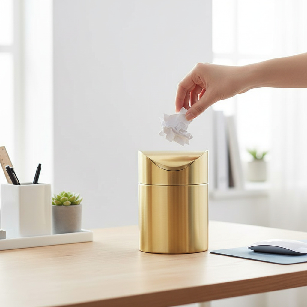 Golden Desktop Trash Can Creative Mini Trash Bin With Lid