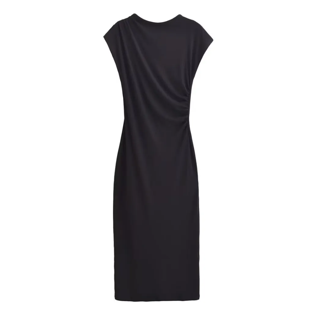 Spring And Summer New Round Neck Short Sleeve Pleated Dress Women - Black Round Collar Skirt
